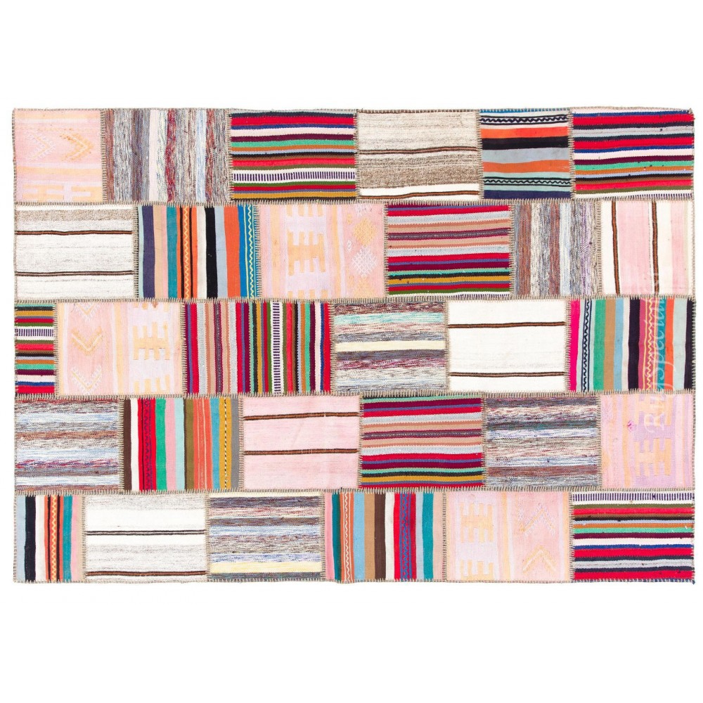 Striped Handmade Patchwork Kilim. Custom Hand Woven Carpet. Colorful Turkish Banded Patchwork Rug