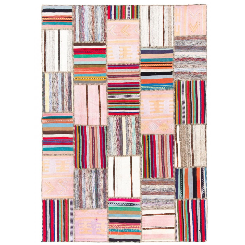 Striped Handmade Patchwork Kilim. Custom Hand Woven Carpet. Colorful Turkish Banded Patchwork Rug
