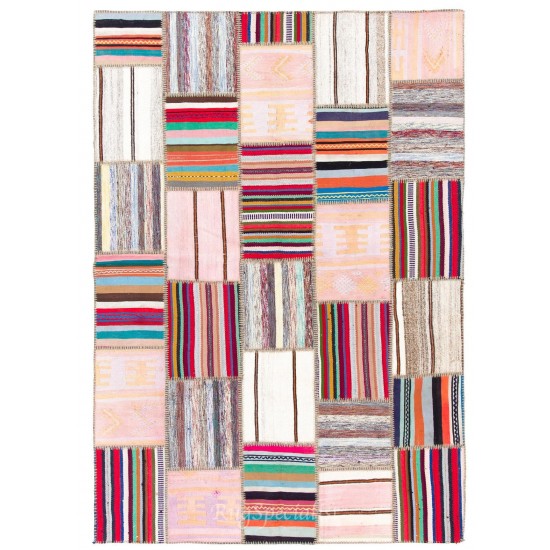 Colorful Handmade Striped Patchwork Kilim Area Rug (Flat-weave)