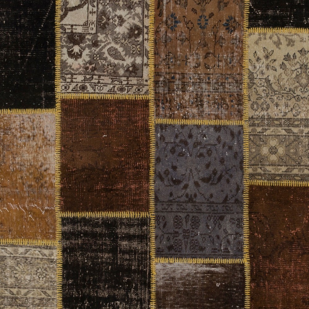 Vintage Brown, Black, Beige and Gray Patchwork Rug | Hand-Knotted Overdyed Turkish Wool Carpet for Living Room Vintage Brown, Black, Beige and Gray Patchwork Rug | Hand-Knotted Overdyed Turkish Wool Carpet for Living Room