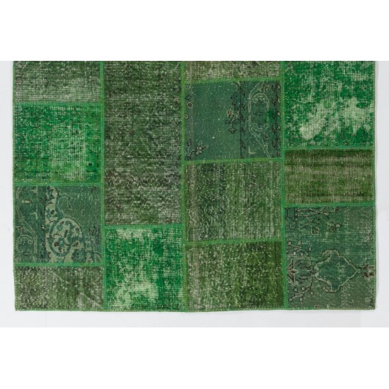 Modern Turkish Patchwork Rug in Shades of Green. Handmade from Re-Dyed Vintage Carpets