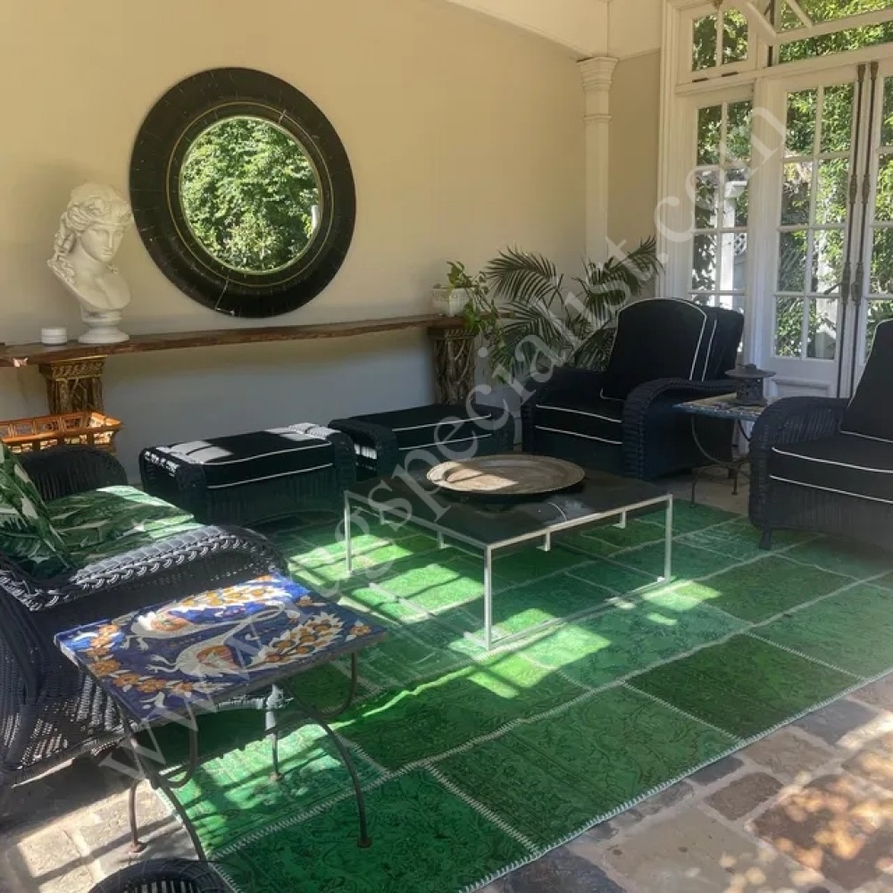 Modern Handmade Patchwork Rug in Shades of Green. Contemporary Turkish Wool and Cotton Carpet