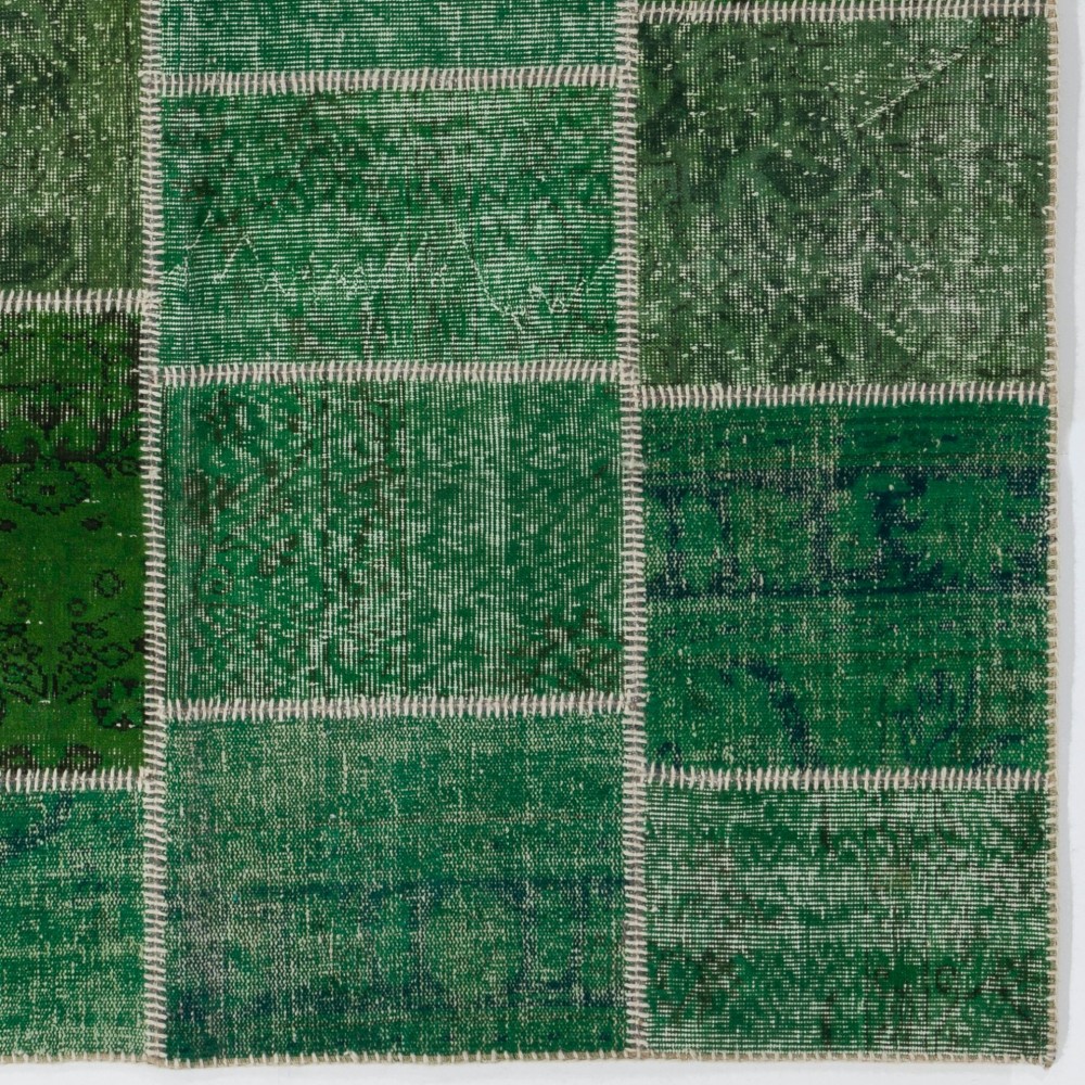 Modern Handmade Patchwork Rug in Shades of Green. Contemporary Turkish Wool and Cotton Carpet
