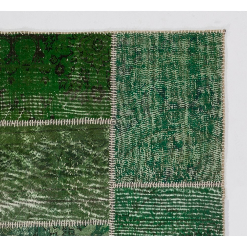 Handknotted Green Overdyed Patchwork Rug | Contemporary Turkish Wool Carpet for Living Room, Bedroom and Kitchen Handknotted Green Overdyed Patchwork Rug | Contemporary Turkish Wool Carpet for Living Room, Bedroom and Kitchen