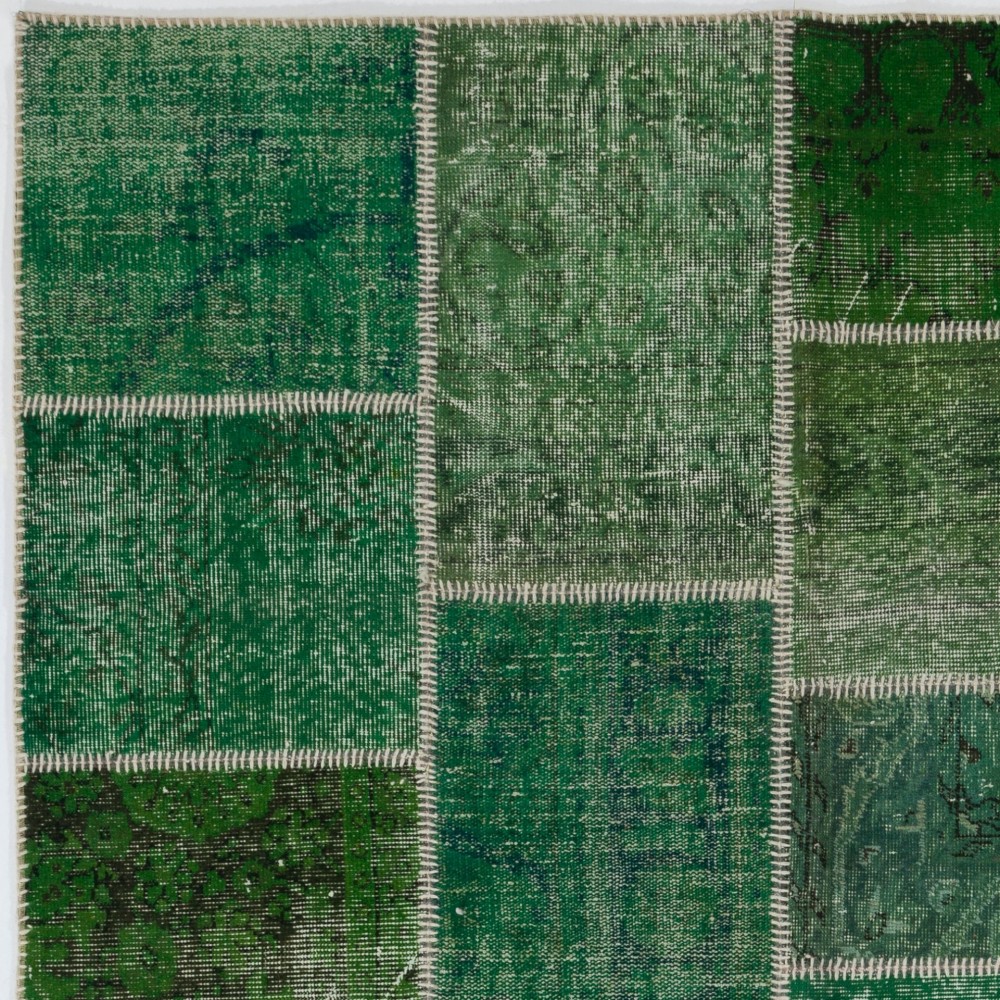 Modern Handmade Patchwork Rug in Shades of Green. Contemporary Turkish Wool and Cotton Carpet