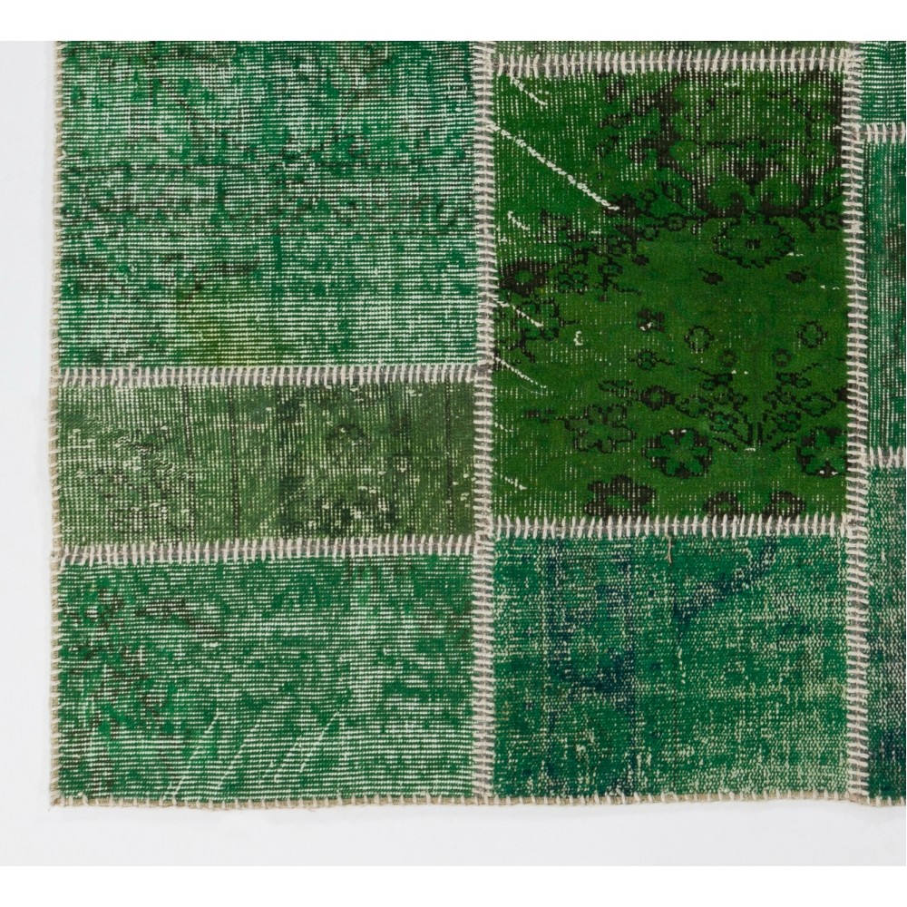 Handknotted Green Overdyed Patchwork Rug | Contemporary Turkish Wool Carpet for Living Room, Bedroom and Kitchen Handknotted Green Overdyed Patchwork Rug | Contemporary Turkish Wool Carpet for Living Room, Bedroom and Kitchen