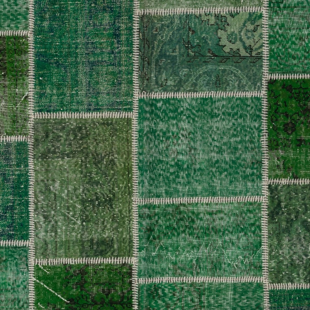Modern Handmade Patchwork Rug in Shades of Green. Contemporary Turkish Wool and Cotton Carpet