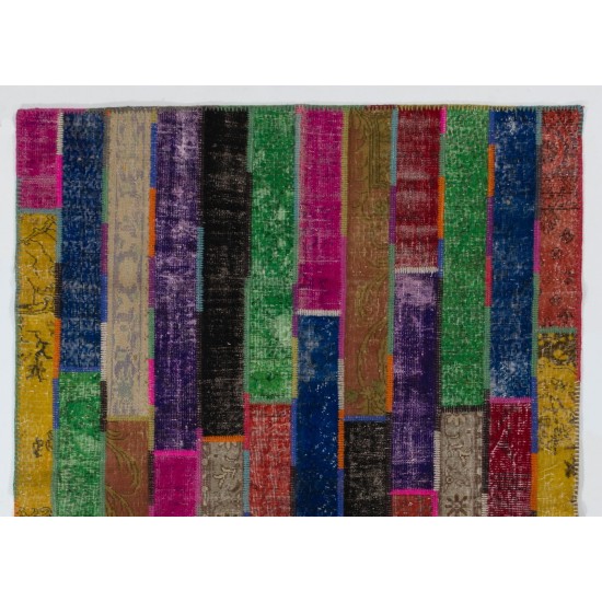 Colorful Handmade Patchwork Rug Made from Over-Dyed Vintage Carpets