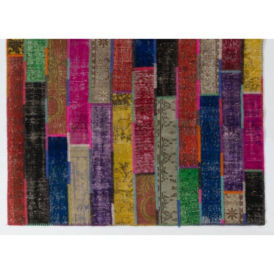 Colorful Handmade Patchwork Rug Made from Over-Dyed Vintage Carpets Colorful Handmade Patchwork Rug Made from Over-Dyed Vintage Carpets