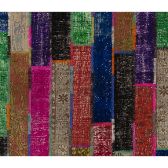 Colorful Handmade Patchwork Rug Made from Over-Dyed Vintage Carpets