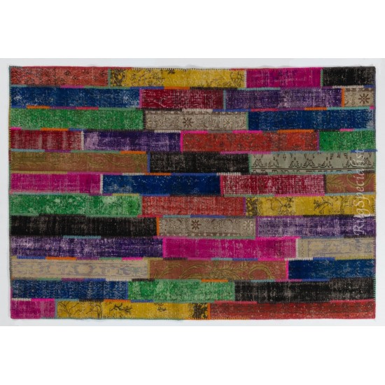 Colorful Handmade Patchwork Rug Made from Over-Dyed Vintage Carpets