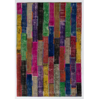 Colorful Handmade Patchwork Rug Made from Over-Dyed Vintage Carpets