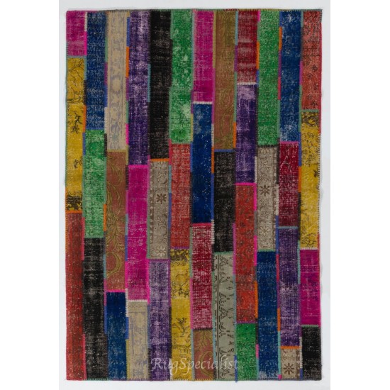 Colorful Handmade Patchwork Rug Made from Over-Dyed Vintage Carpets