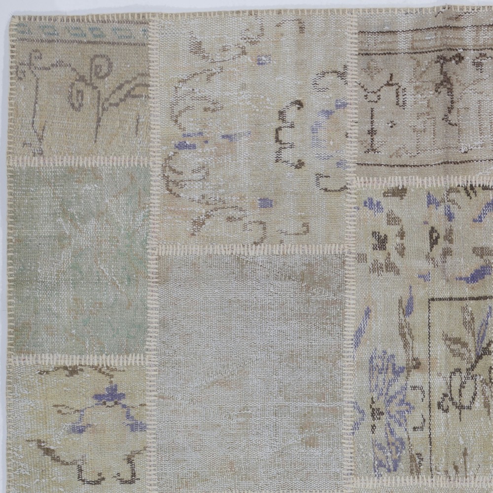 Vintage Muted Sage and Beige Patchwork Rug | Hand-Knotted Turkish Wool Carpet for Living Room, Kitchen and Bedroom Vintage Muted Sage and Beige Patchwork Rug | Hand-Knotted Turkish Wool Carpet for Living Room, Kitchen and Bedroom