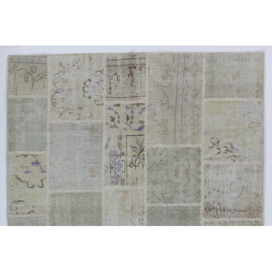 Handmade Patchwork Rug in Muted Colors, Traditional Turkish Wool Carpet for Country Homes, Rustic, Modern Interiors