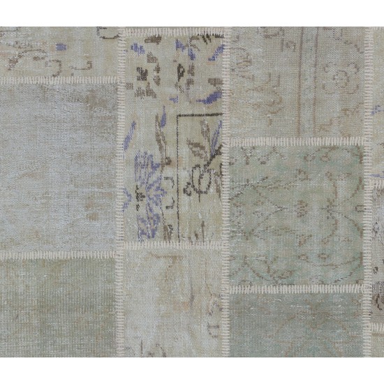 Handmade Patchwork Rug in Muted Colors, Traditional Turkish Wool Carpet for Country Homes, Rustic, Modern Interiors