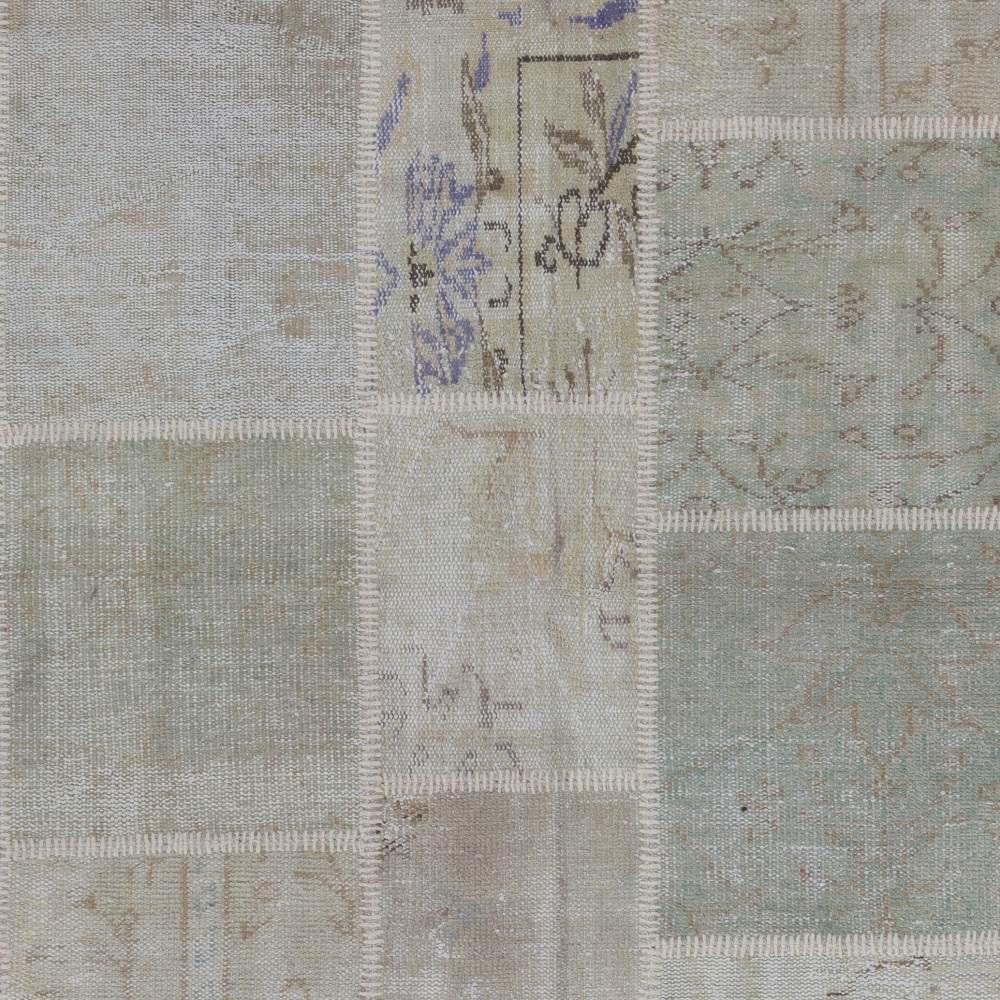 Vintage Muted Sage and Beige Patchwork Rug | Hand-Knotted Turkish Wool Carpet for Living Room, Kitchen and Bedroom Vintage Muted Sage and Beige Patchwork Rug | Hand-Knotted Turkish Wool Carpet for Living Room, Kitchen and Bedroom