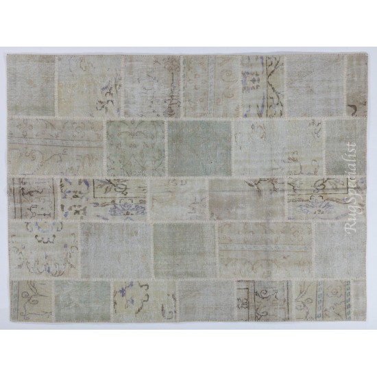 Handmade Patchwork Rug in Muted Colors, Traditional Turkish Wool Carpet for Country Homes, Rustic, Modern Interiors