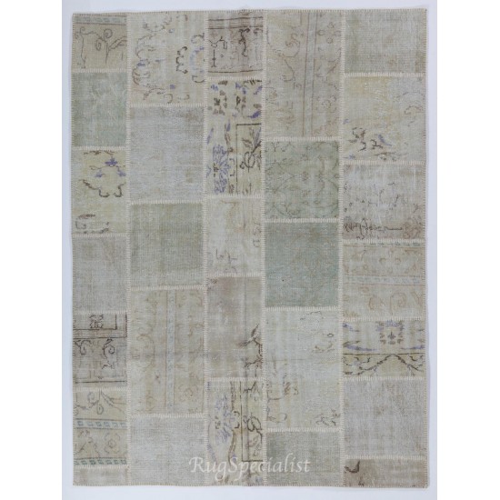 Handmade Patchwork Rug in Muted Colors, Traditional Turkish Wool Carpet for Country Homes, Rustic, Modern Interiors