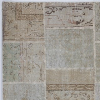 Traditional Hand-Knotted Wool Patchwork Rug | Vintage Muted Earth Tone Turkish Carpet