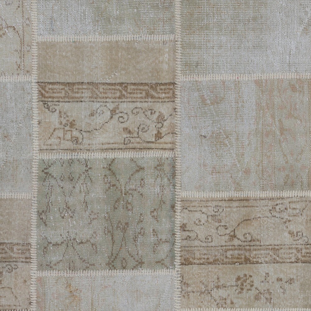 Traditional Hand-Knotted Wool Patchwork Rug | Vintage Muted Earth Tone Turkish Carpet Traditional Hand-Knotted Wool Patchwork Rug | Vintage Muted Earth Tone Turkish Carpet