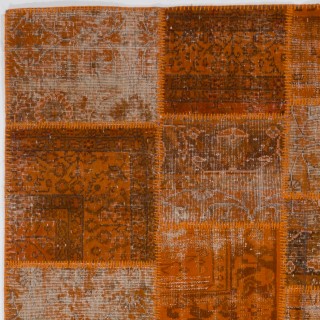Vintage Orange Wool Patchwork Rug | Hand-Knotted Turkish Distressed Carpet for Living Room, Bedroom and Dining Room Vintage Orange Wool Patchwork Rug | Hand-Knotted Turkish Distressed Carpet for Living Room, Bedroom and Dining Room