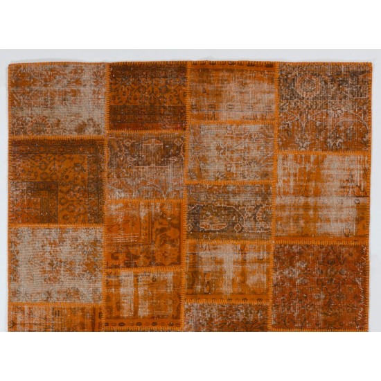 Modern Handmade Patchwork Rug in Orange Colors, Distressed Turkish Carpet, Woolen Floor Covering