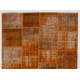 Modern Handmade Patchwork Rug in Orange Colors, Distressed Turkish Carpet, Woolen Floor Covering