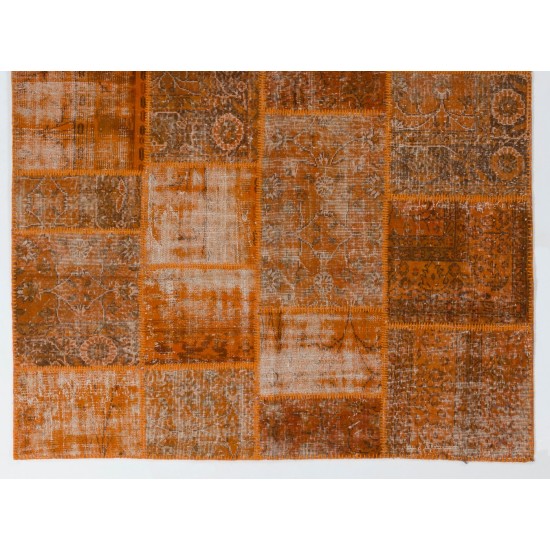 Modern Handmade Patchwork Rug in Orange Colors, Distressed Turkish Carpet, Woolen Floor Covering