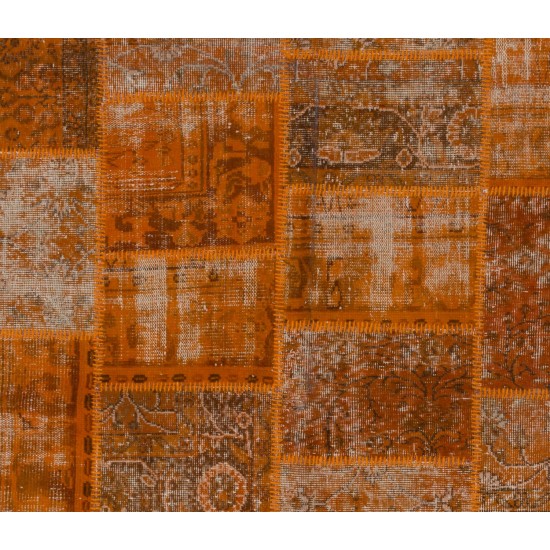 Modern Handmade Patchwork Rug in Orange Colors, Distressed Turkish Carpet, Woolen Floor Covering