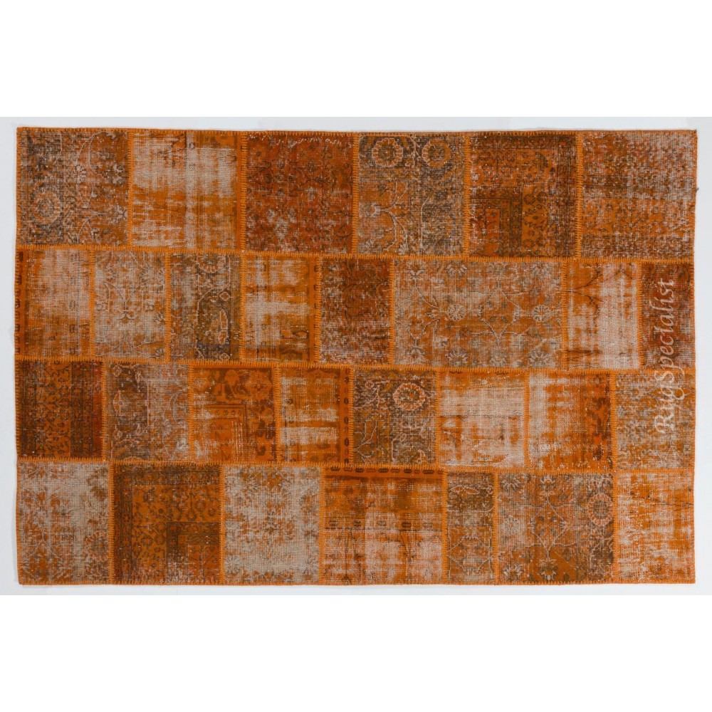 Modern Handmade Patchwork Rug in Orange Colors, Distressed Turkish Carpet, Woolen Floor Covering