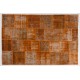 Modern Handmade Patchwork Rug in Orange Colors, Distressed Turkish Carpet, Woolen Floor Covering