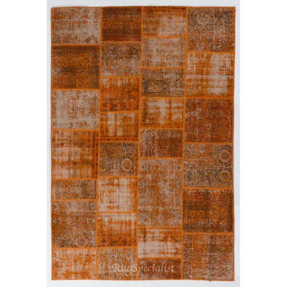 Modern Handmade Patchwork Rug in Orange Colors, Distressed Turkish Carpet, Woolen Floor Covering