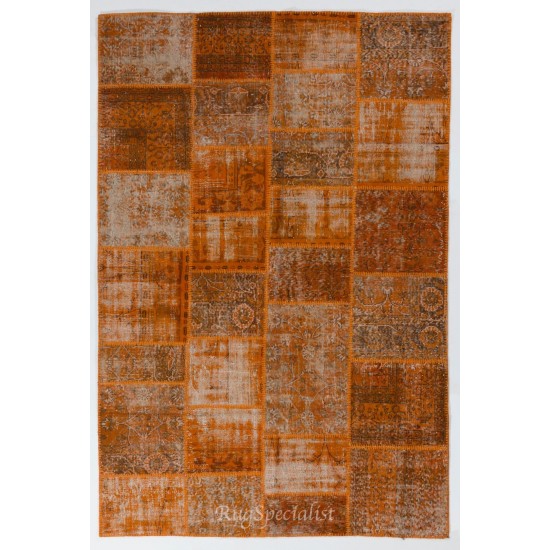 Modern Handmade Patchwork Rug in Orange Colors, Distressed Turkish Carpet, Woolen Floor Covering