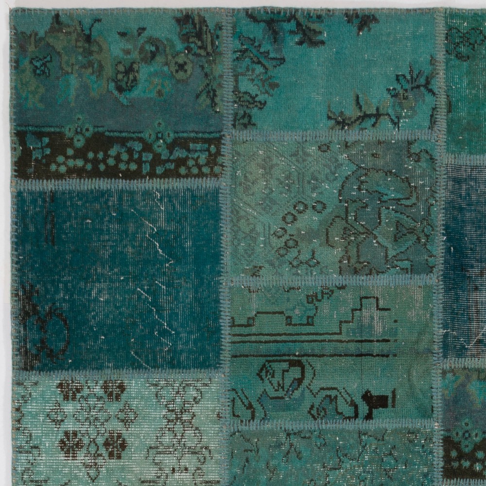 Hand-Knotted Teal and Turquoise Blue Patchwork Rug for Living Room and Bedroom, Modern Turkish Wool Carpet Hand-Knotted Teal and Turquoise Blue Patchwork Rug for Living Room and Bedroom, Modern Turkish Wool Carpet