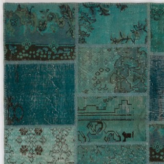 Hand-Knotted Teal and Turquoise Blue Patchwork Rug for Living Room and Bedroom, Modern Turkish Wool Carpet