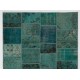 Patchwork Rug in Shades of Teal Blue, Modern Hand-Made Turkish Carpet, Woolen Floor Covering