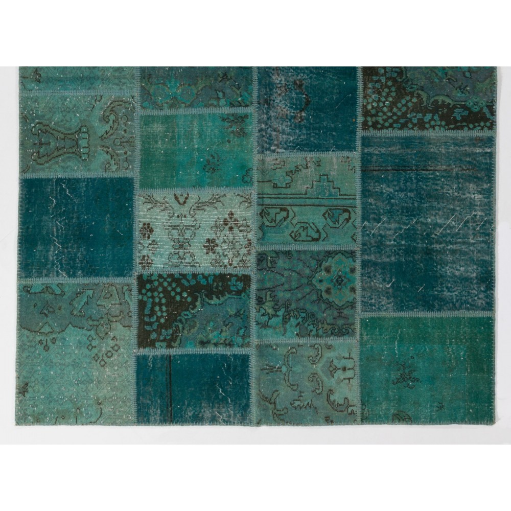 Patchwork Rug in Shades of Teal Blue, Modern Hand-Made Turkish Carpet, Woolen Floor Covering