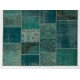 Patchwork Rug in Shades of Teal Blue, Modern Hand-Made Turkish Carpet, Woolen Floor Covering