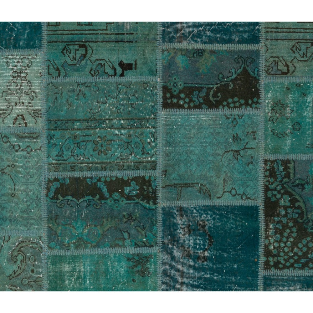 Patchwork Rug in Shades of Teal Blue, Modern Hand-Made Turkish Carpet, Woolen Floor Covering