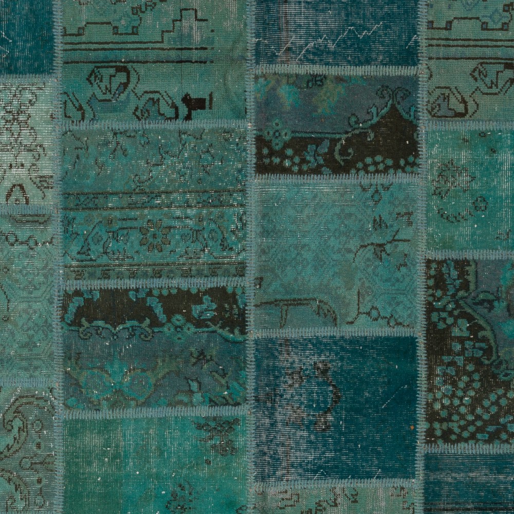 Hand-Knotted Teal and Turquoise Blue Patchwork Rug for Living Room and Bedroom, Modern Turkish Wool Carpet Hand-Knotted Teal and Turquoise Blue Patchwork Rug for Living Room and Bedroom, Modern Turkish Wool Carpet