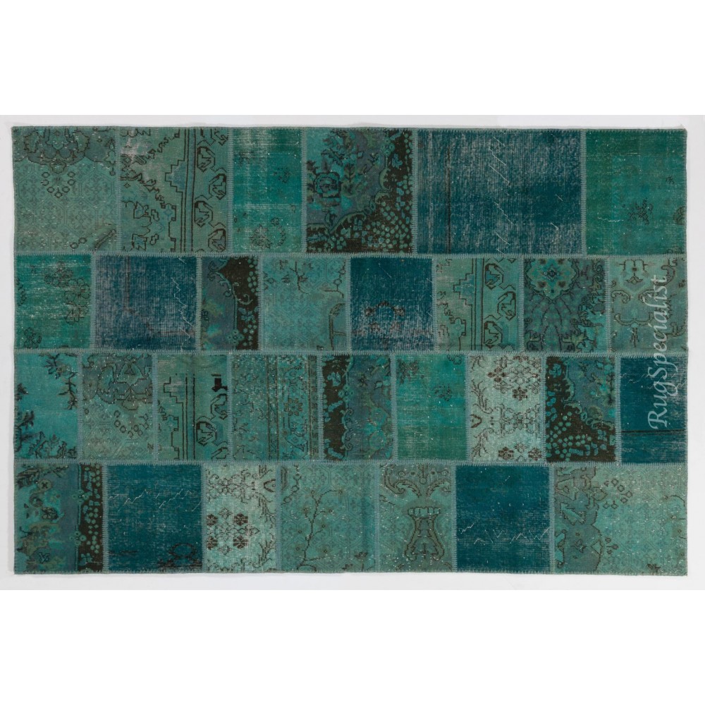 Patchwork Rug in Shades of Teal Blue, Modern Hand-Made Turkish Carpet, Woolen Floor Covering