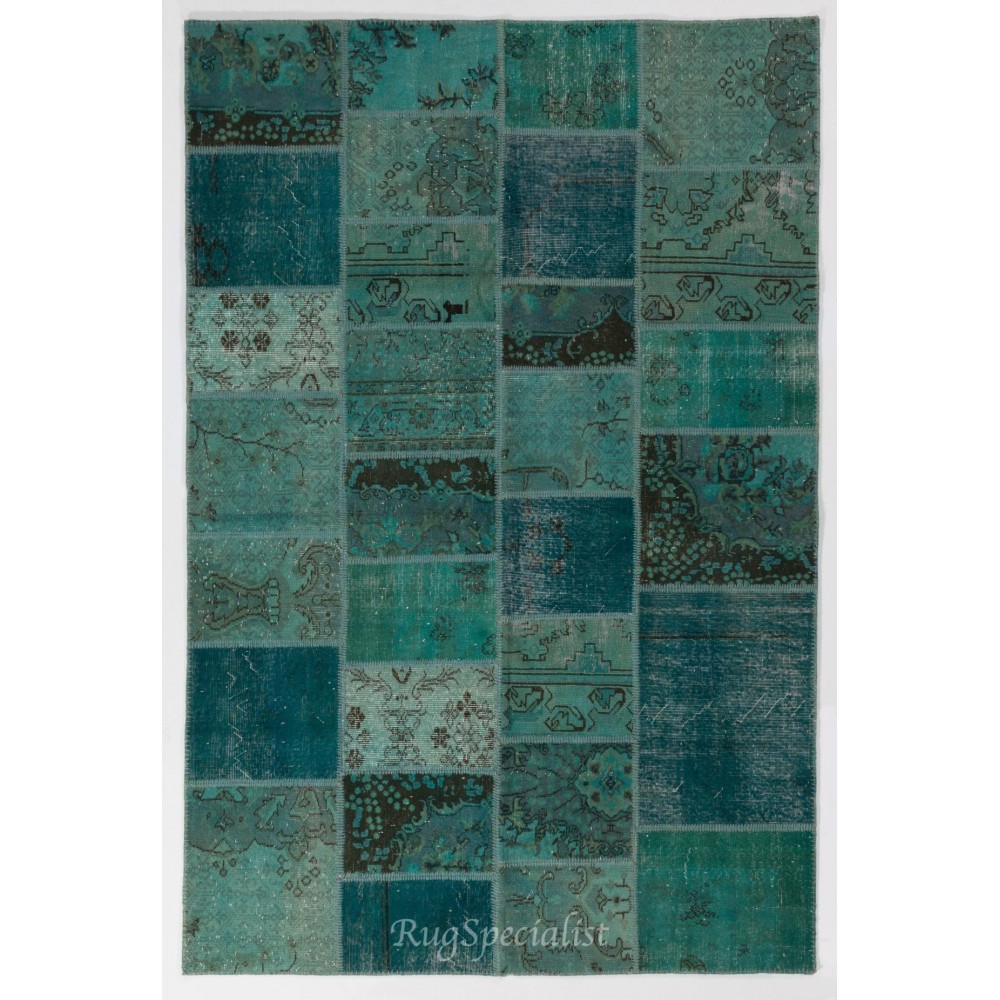Patchwork Rug in Shades of Teal Blue, Modern Hand-Made Turkish Carpet, Woolen Floor Covering