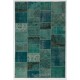 Patchwork Rug in Shades of Teal Blue, Modern Hand-Made Turkish Carpet, Woolen Floor Covering