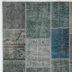 Handmade Blue and Gray Patchwork Rug Made from Over-Dyed Vintage Wool Carpets