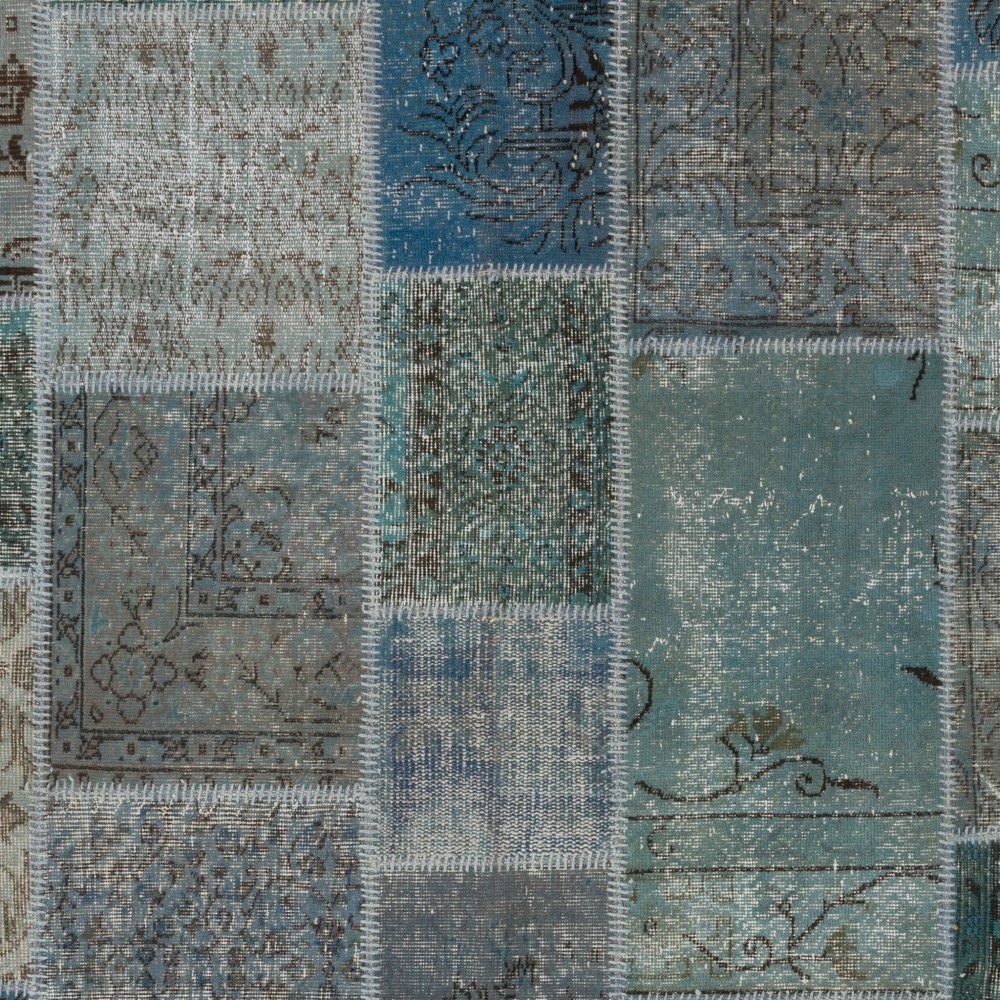 Handmade Blue and Gray Patchwork Rug Made from Over-Dyed Vintage Wool Carpets