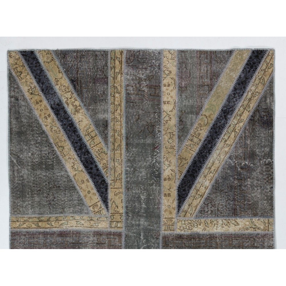 Union Jack British Flag Design Patchwork Rug Made from Re-Dyed Vintage Carpets
