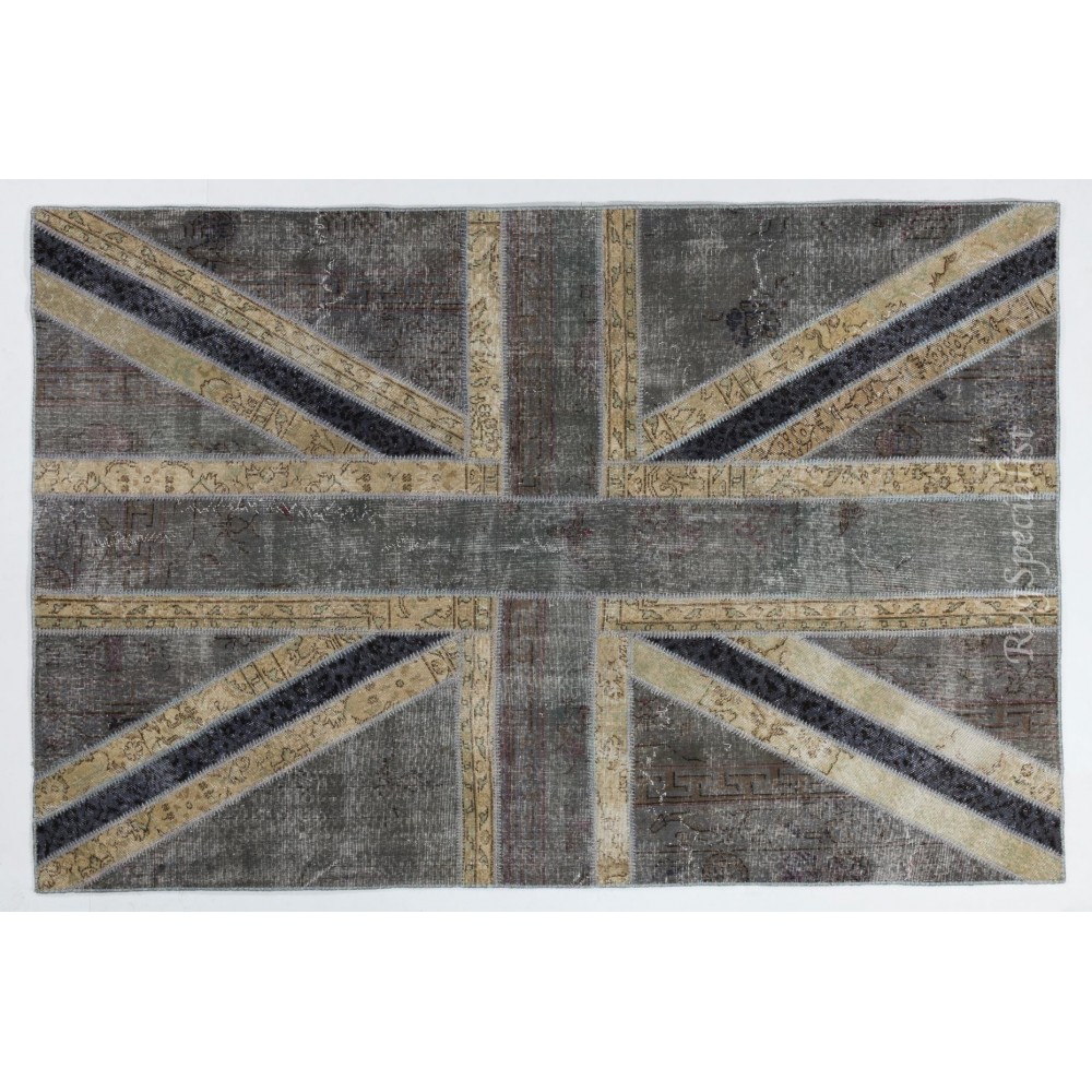 Union Jack British Flag Design Patchwork Rug Made from Re-Dyed Vintage Carpets