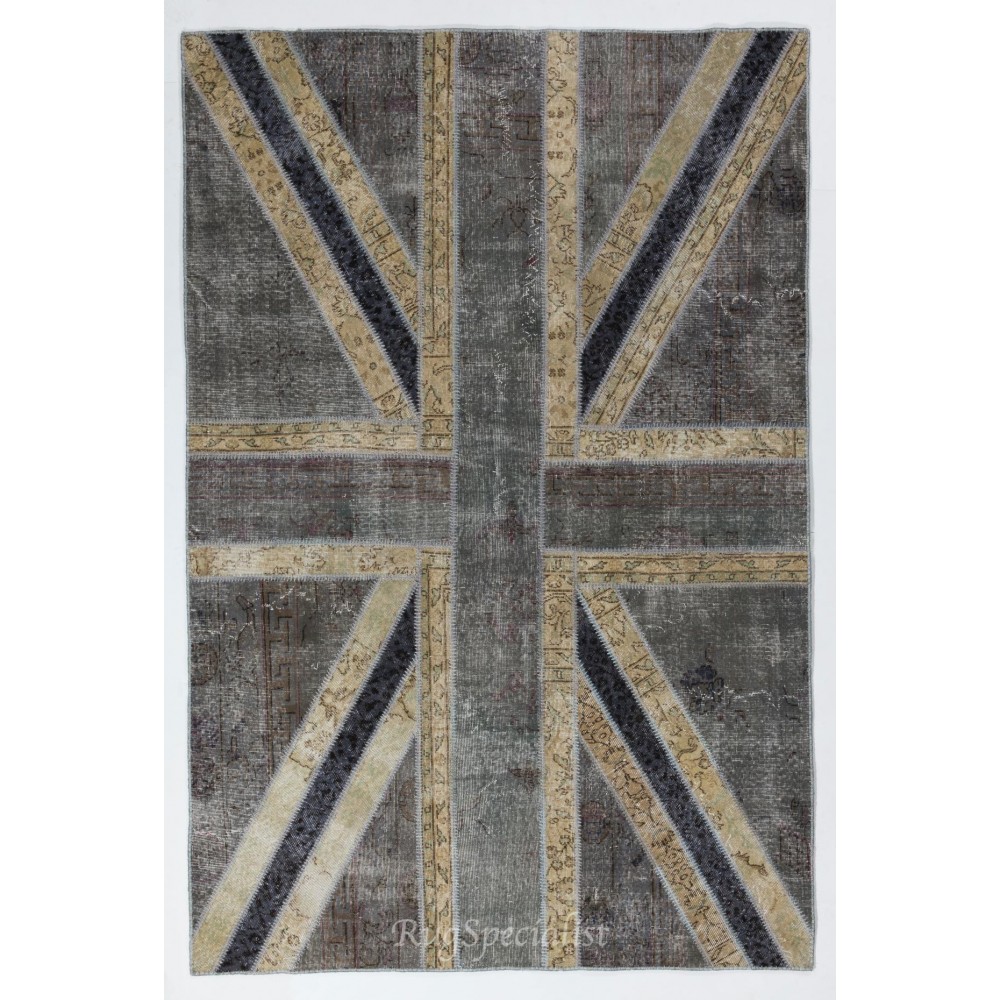 Union Jack British Flag Design Patchwork Rug Made from Re-Dyed Vintage Carpets