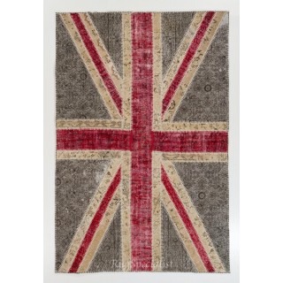 Union Jack British Flag Design Patchwork Handmade Rug. Floral Patterned United Kingdom Carpet for Contemporary Interiors